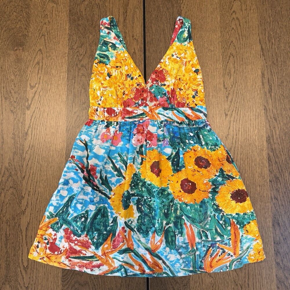 Vintage Jams World Sunflower Tropical Floral Print Sleeveless Dress Womens Sz L